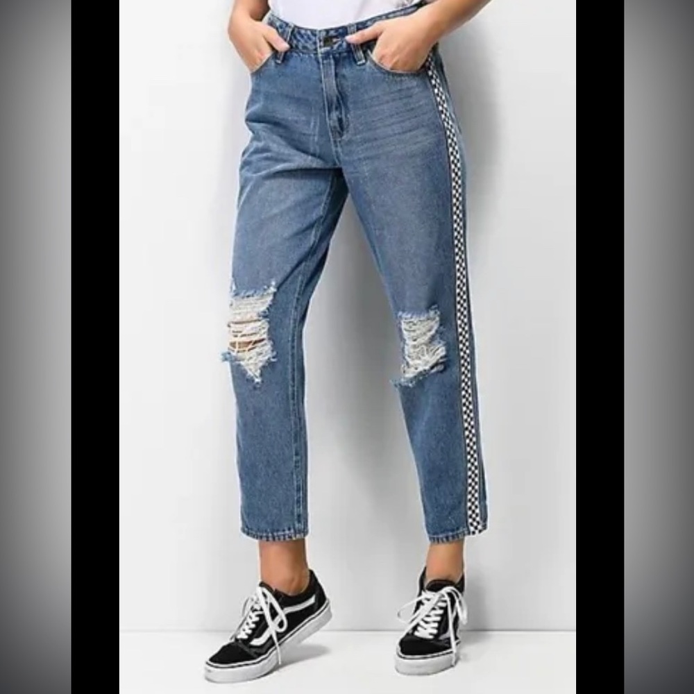 Empyre Eileen mom jeans with checkered pinstripe